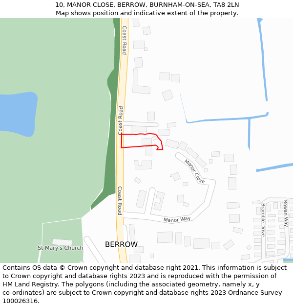 10, MANOR CLOSE, BERROW, BURNHAM-ON-SEA, TA8 2LN: Location map and indicative extent of plot