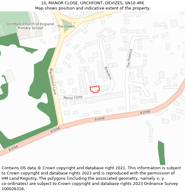 10, MANOR CLOSE, URCHFONT, DEVIZES, SN10 4RE: Location map and indicative extent of plot