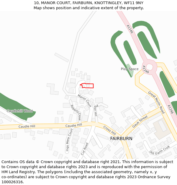 10, MANOR COURT, FAIRBURN, KNOTTINGLEY, WF11 9NY: Location map and indicative extent of plot