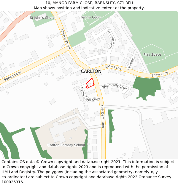 10, MANOR FARM CLOSE, BARNSLEY, S71 3EH: Location map and indicative extent of plot