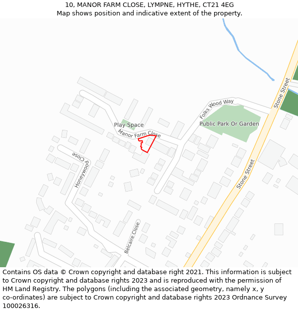 10, MANOR FARM CLOSE, LYMPNE, HYTHE, CT21 4EG: Location map and indicative extent of plot