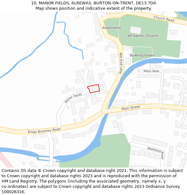 10, MANOR FIELDS, ALREWAS, BURTON-ON-TRENT, DE13 7DA: Location map and indicative extent of plot