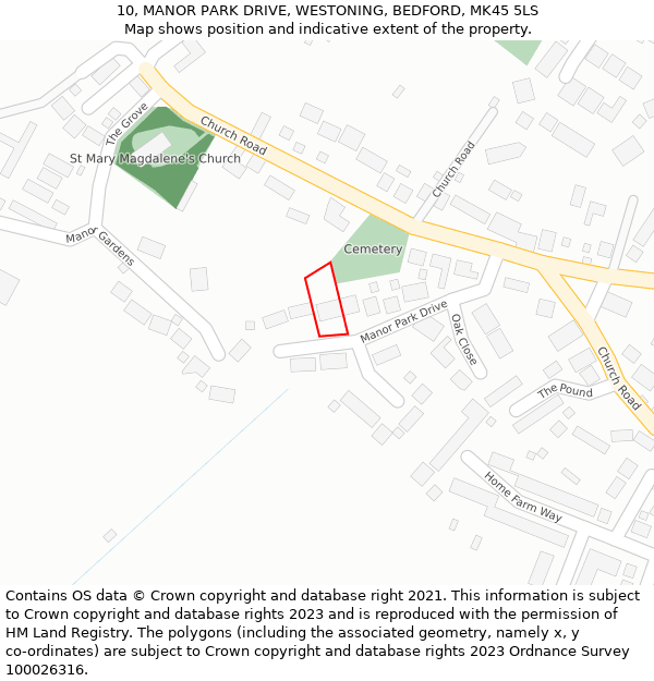 10, MANOR PARK DRIVE, WESTONING, BEDFORD, MK45 5LS: Location map and indicative extent of plot