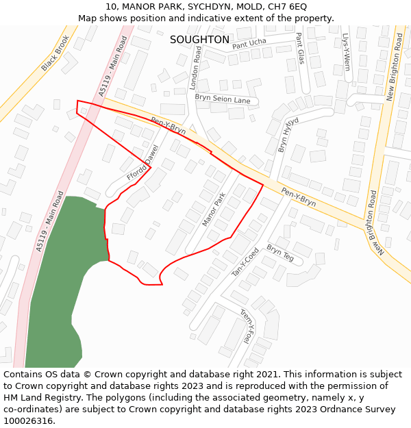 10, MANOR PARK, SYCHDYN, MOLD, CH7 6EQ: Location map and indicative extent of plot