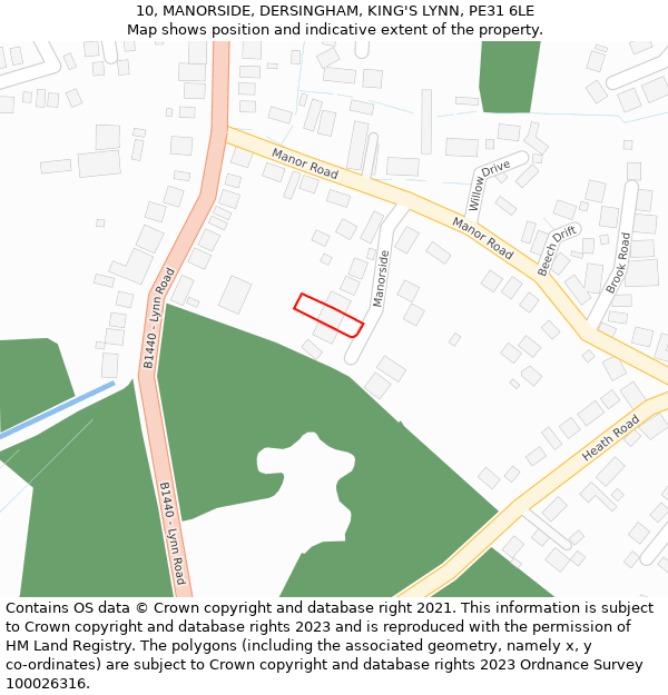 10, MANORSIDE, DERSINGHAM, KING'S LYNN, PE31 6LE: Location map and indicative extent of plot