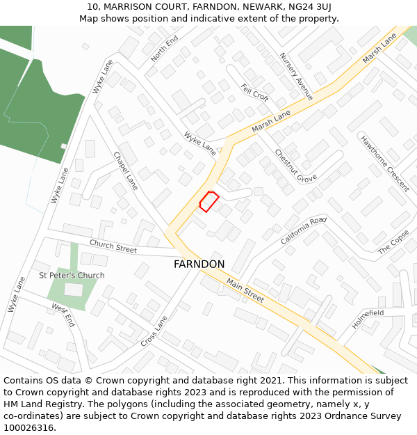 10, MARRISON COURT, FARNDON, NEWARK, NG24 3UJ: Location map and indicative extent of plot