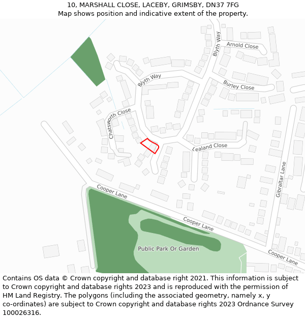 10, MARSHALL CLOSE, LACEBY, GRIMSBY, DN37 7FG: Location map and indicative extent of plot