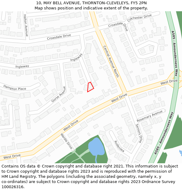 10, MAY BELL AVENUE, THORNTON-CLEVELEYS, FY5 2PN: Location map and indicative extent of plot