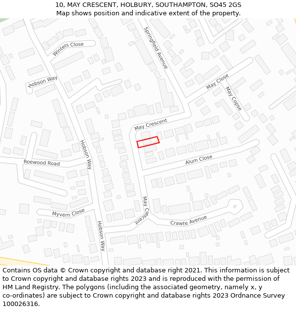 10, MAY CRESCENT, HOLBURY, SOUTHAMPTON, SO45 2GS: Location map and indicative extent of plot