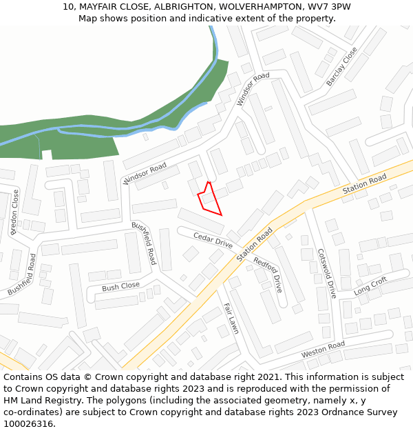 10, MAYFAIR CLOSE, ALBRIGHTON, WOLVERHAMPTON, WV7 3PW: Location map and indicative extent of plot