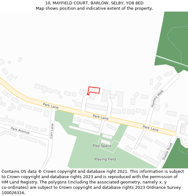 10, MAYFIELD COURT, BARLOW, SELBY, YO8 8ED: Location map and indicative extent of plot