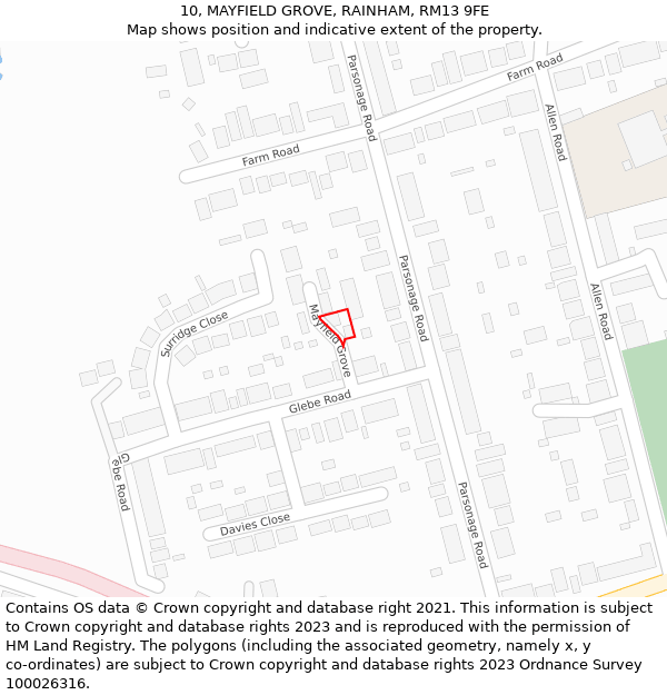 10, MAYFIELD GROVE, RAINHAM, RM13 9FE: Location map and indicative extent of plot