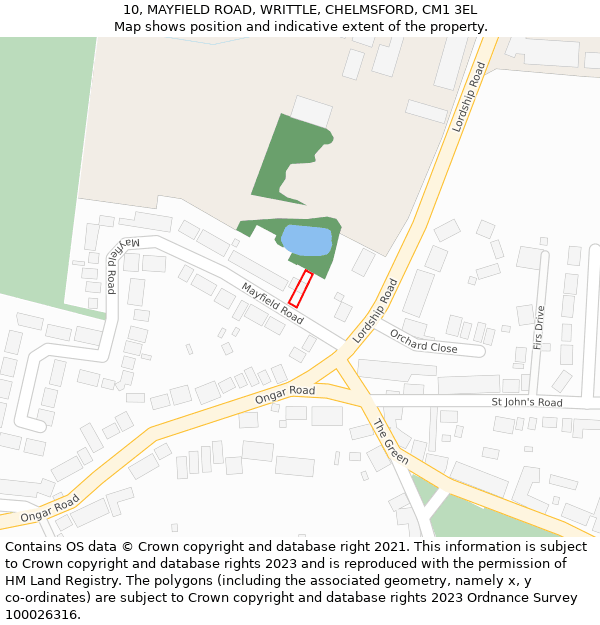 10, MAYFIELD ROAD, WRITTLE, CHELMSFORD, CM1 3EL: Location map and indicative extent of plot