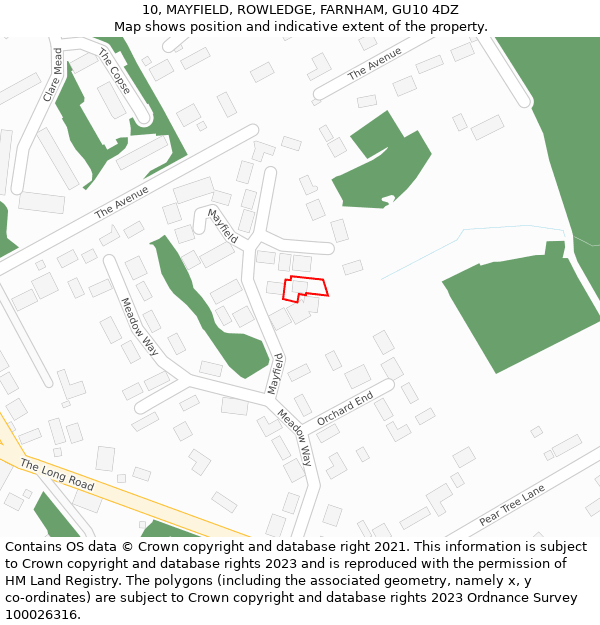 10, MAYFIELD, ROWLEDGE, FARNHAM, GU10 4DZ: Location map and indicative extent of plot