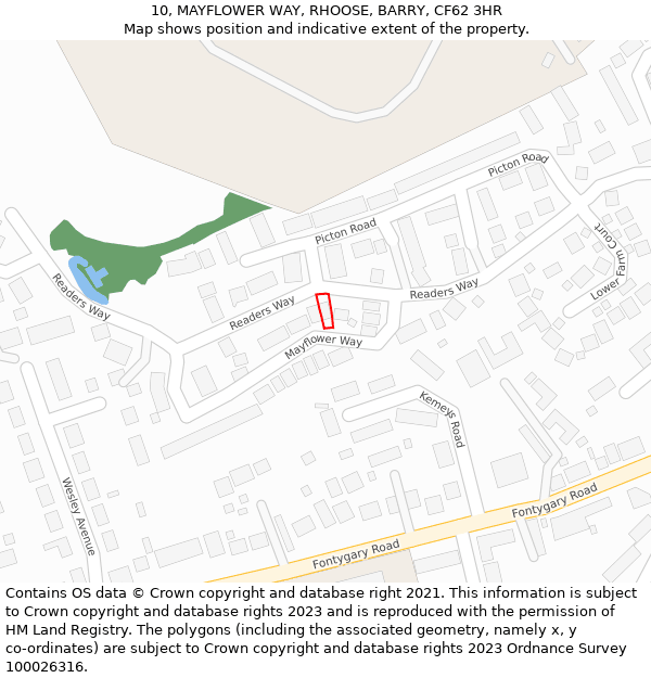 10, MAYFLOWER WAY, RHOOSE, BARRY, CF62 3HR: Location map and indicative extent of plot