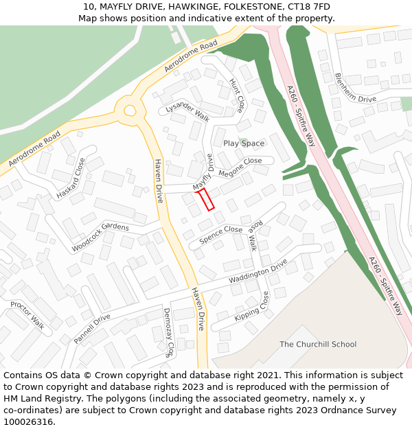 10, MAYFLY DRIVE, HAWKINGE, FOLKESTONE, CT18 7FD: Location map and indicative extent of plot