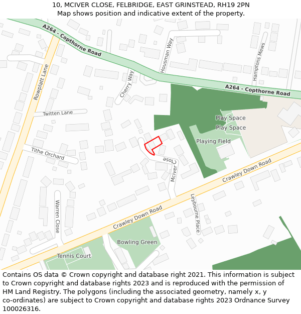 10, MCIVER CLOSE, FELBRIDGE, EAST GRINSTEAD, RH19 2PN: Location map and indicative extent of plot