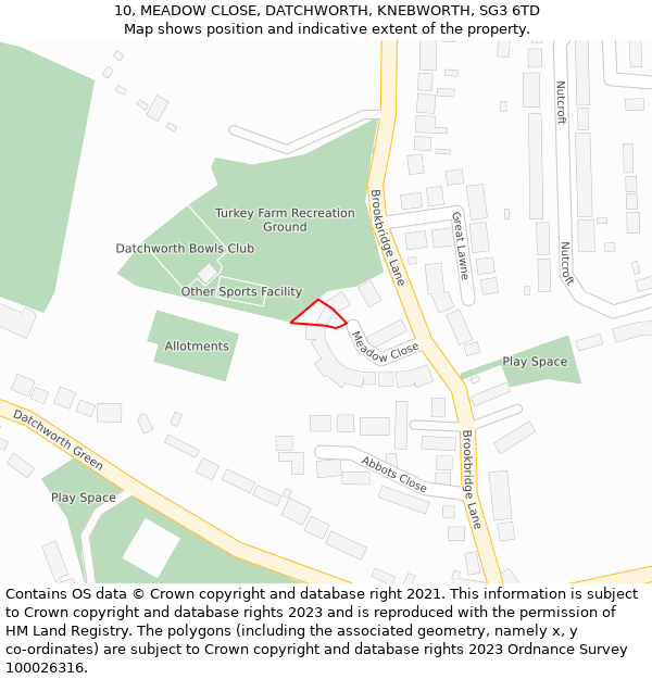 10, MEADOW CLOSE, DATCHWORTH, KNEBWORTH, SG3 6TD: Location map and indicative extent of plot