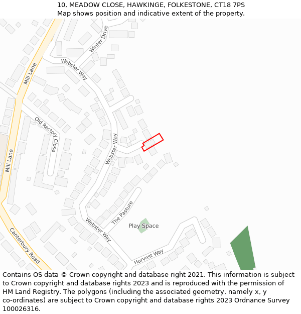 10, MEADOW CLOSE, HAWKINGE, FOLKESTONE, CT18 7PS: Location map and indicative extent of plot