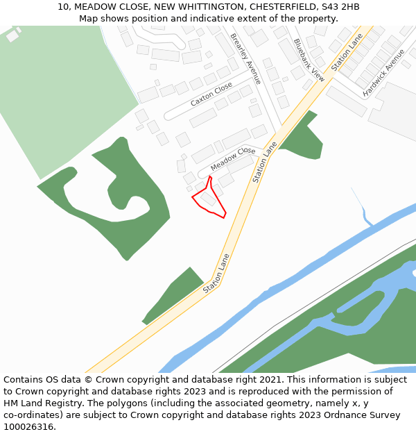 10, MEADOW CLOSE, NEW WHITTINGTON, CHESTERFIELD, S43 2HB: Location map and indicative extent of plot