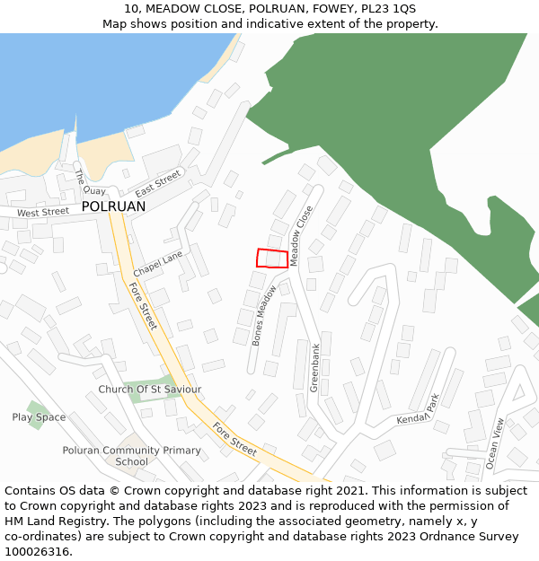 10, MEADOW CLOSE, POLRUAN, FOWEY, PL23 1QS: Location map and indicative extent of plot