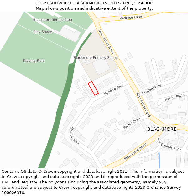 10, MEADOW RISE, BLACKMORE, INGATESTONE, CM4 0QP: Location map and indicative extent of plot