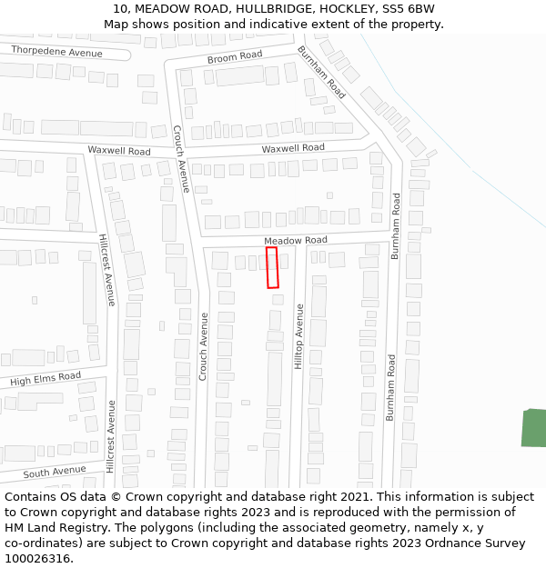 10, MEADOW ROAD, HULLBRIDGE, HOCKLEY, SS5 6BW: Location map and indicative extent of plot