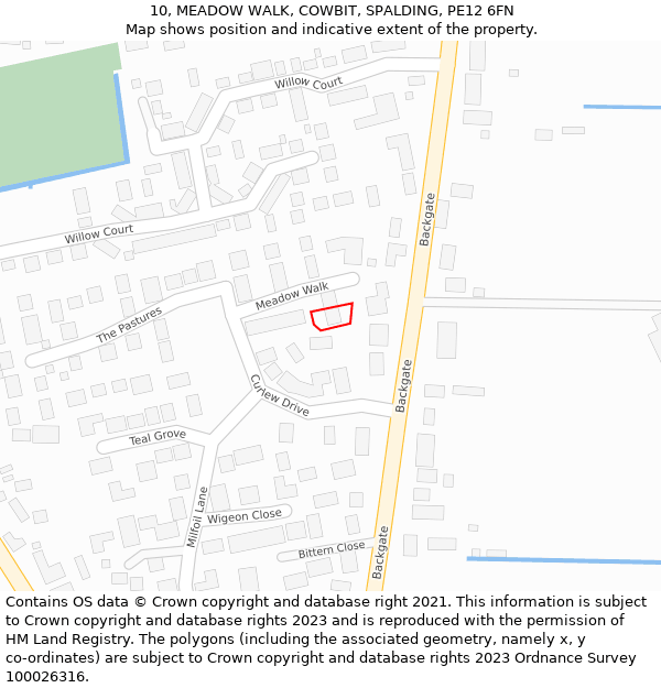 10, MEADOW WALK, COWBIT, SPALDING, PE12 6FN: Location map and indicative extent of plot