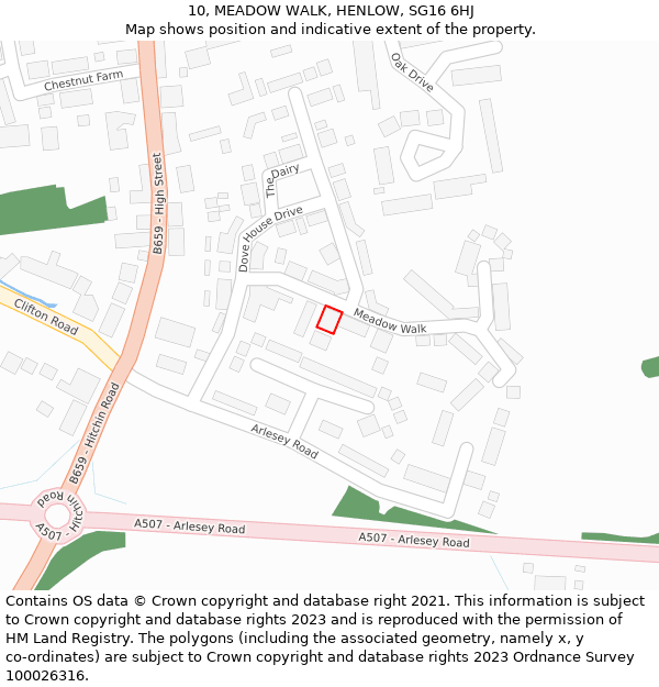 10, MEADOW WALK, HENLOW, SG16 6HJ: Location map and indicative extent of plot