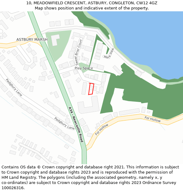 10, MEADOWFIELD CRESCENT, ASTBURY, CONGLETON, CW12 4GZ: Location map and indicative extent of plot