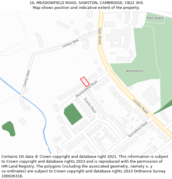 10, MEADOWFIELD ROAD, SAWSTON, CAMBRIDGE, CB22 3HS: Location map and indicative extent of plot