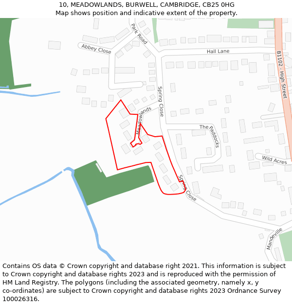 10, MEADOWLANDS, BURWELL, CAMBRIDGE, CB25 0HG: Location map and indicative extent of plot