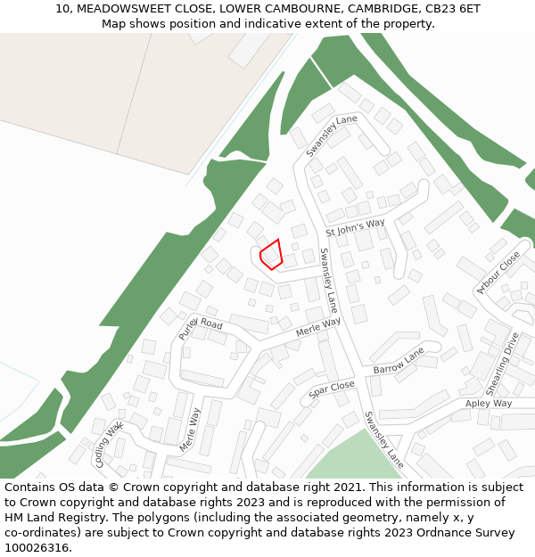 10, MEADOWSWEET CLOSE, LOWER CAMBOURNE, CAMBRIDGE, CB23 6ET: Location map and indicative extent of plot