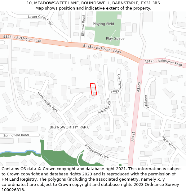 10, MEADOWSWEET LANE, ROUNDSWELL, BARNSTAPLE, EX31 3RS: Location map and indicative extent of plot