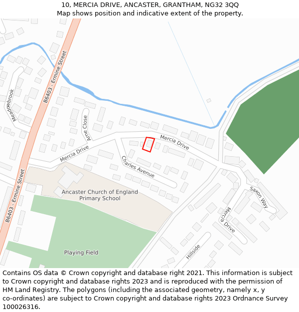 10, MERCIA DRIVE, ANCASTER, GRANTHAM, NG32 3QQ: Location map and indicative extent of plot