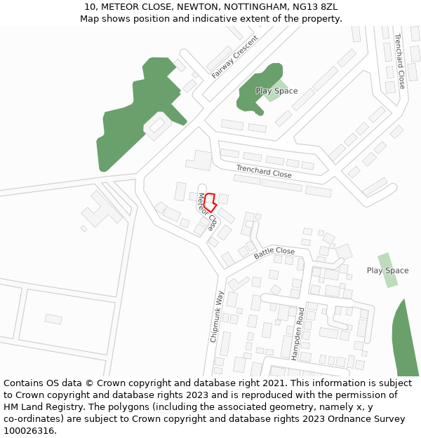 10, METEOR CLOSE, NEWTON, NOTTINGHAM, NG13 8ZL: Location map and indicative extent of plot