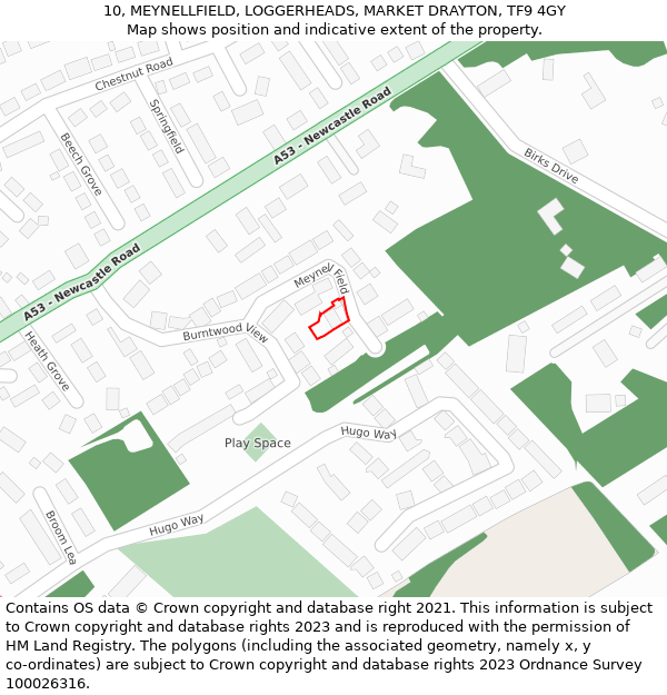 10, MEYNELLFIELD, LOGGERHEADS, MARKET DRAYTON, TF9 4GY: Location map and indicative extent of plot