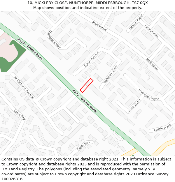 10, MICKLEBY CLOSE, NUNTHORPE, MIDDLESBROUGH, TS7 0QX: Location map and indicative extent of plot