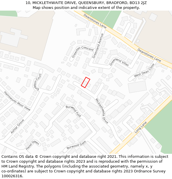 10, MICKLETHWAITE DRIVE, QUEENSBURY, BRADFORD, BD13 2JZ: Location map and indicative extent of plot