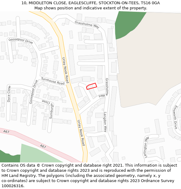 10, MIDDLETON CLOSE, EAGLESCLIFFE, STOCKTON-ON-TEES, TS16 0GA: Location map and indicative extent of plot