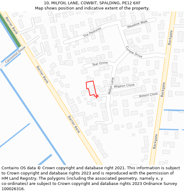 10, MILFOIL LANE, COWBIT, SPALDING, PE12 6XF: Location map and indicative extent of plot