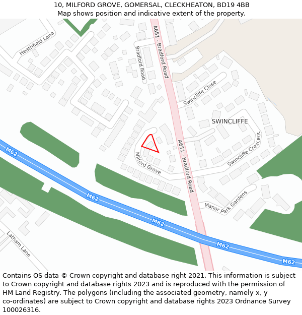 10, MILFORD GROVE, GOMERSAL, CLECKHEATON, BD19 4BB: Location map and indicative extent of plot