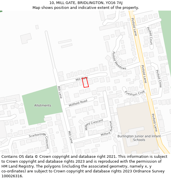 10, MILL GATE, BRIDLINGTON, YO16 7AJ: Location map and indicative extent of plot
