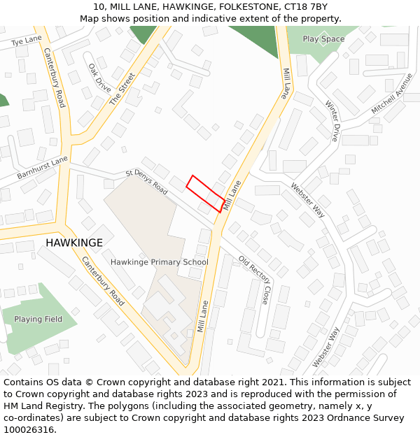 10, MILL LANE, HAWKINGE, FOLKESTONE, CT18 7BY: Location map and indicative extent of plot