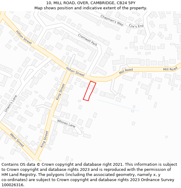 10, MILL ROAD, OVER, CAMBRIDGE, CB24 5PY: Location map and indicative extent of plot