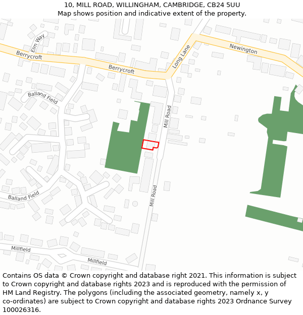 10, MILL ROAD, WILLINGHAM, CAMBRIDGE, CB24 5UU: Location map and indicative extent of plot