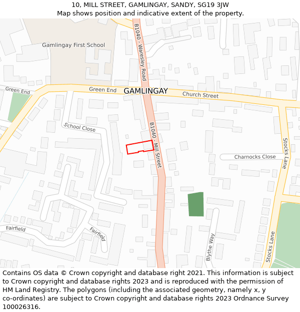 10, MILL STREET, GAMLINGAY, SANDY, SG19 3JW: Location map and indicative extent of plot