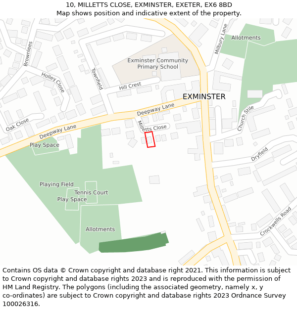 10, MILLETTS CLOSE, EXMINSTER, EXETER, EX6 8BD: Location map and indicative extent of plot