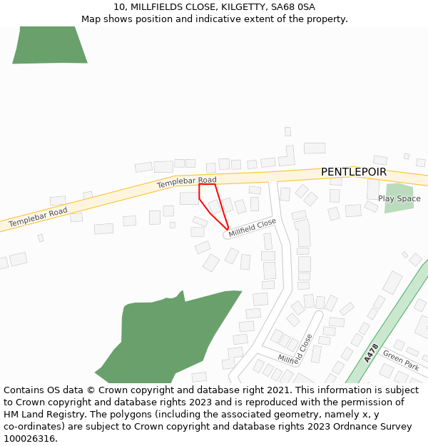 10, MILLFIELDS CLOSE, KILGETTY, SA68 0SA: Location map and indicative extent of plot