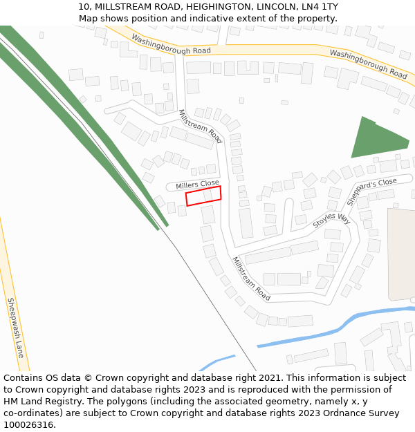 10, MILLSTREAM ROAD, HEIGHINGTON, LINCOLN, LN4 1TY: Location map and indicative extent of plot